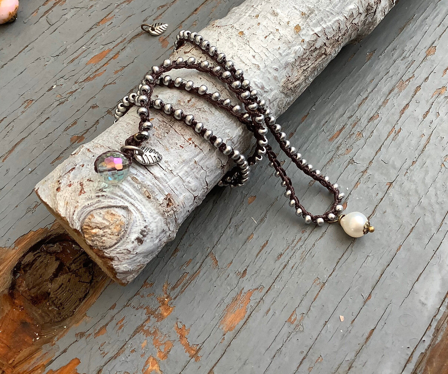 Pearl drop crocheted necklace with silver beads, minimalist, tiny necklace