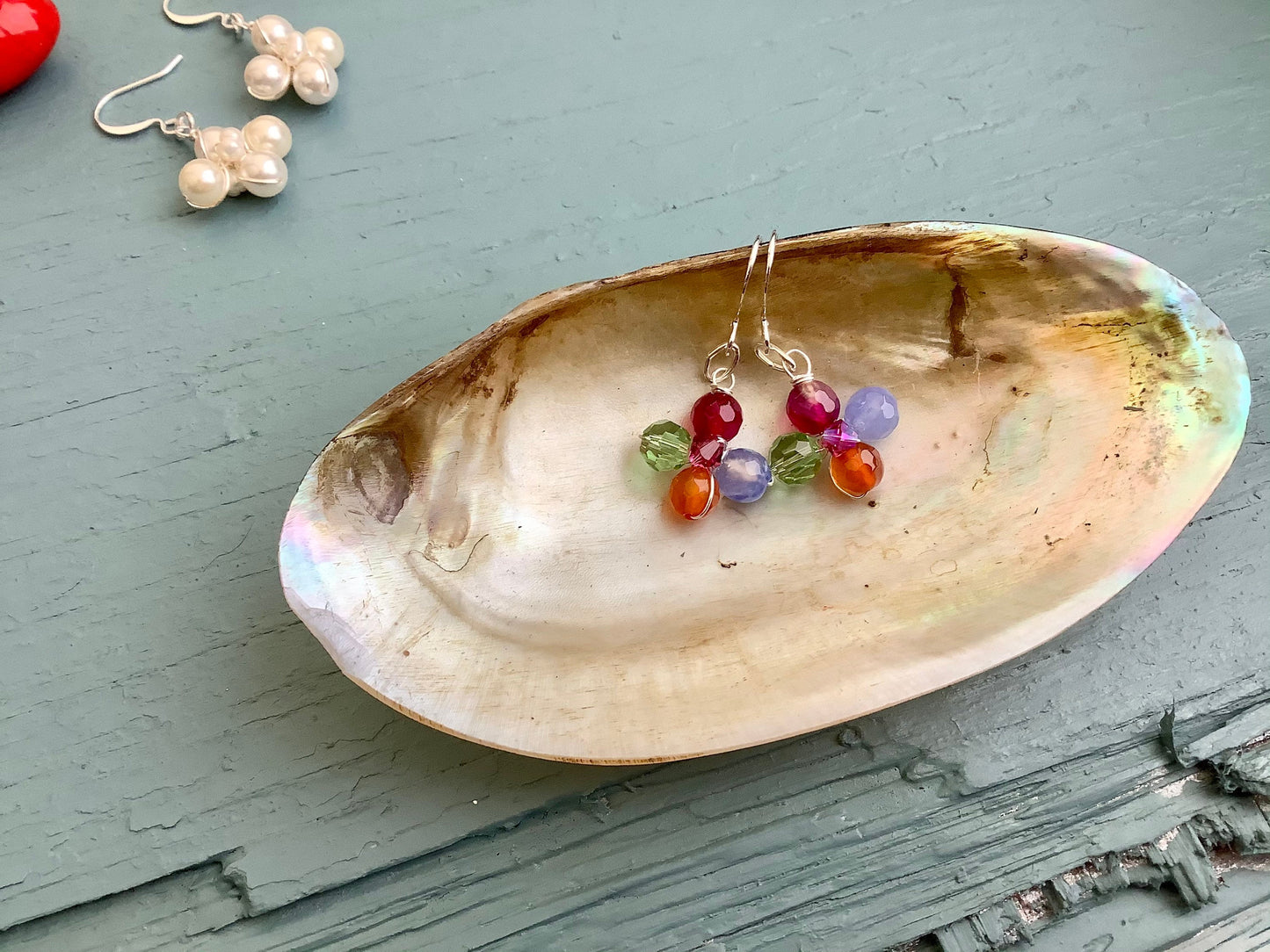 Spring flower earrings , pearls and gemstones