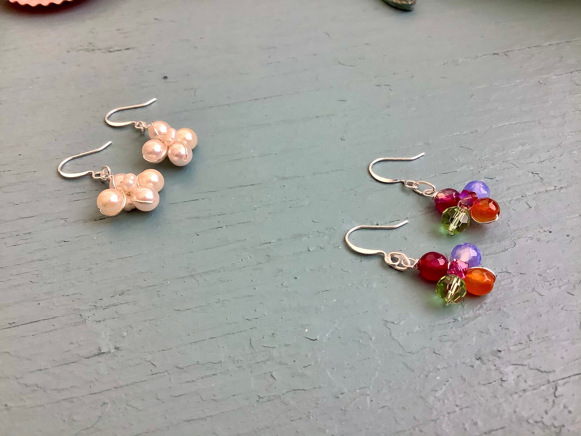 Spring flower earrings , pearls and gemstones