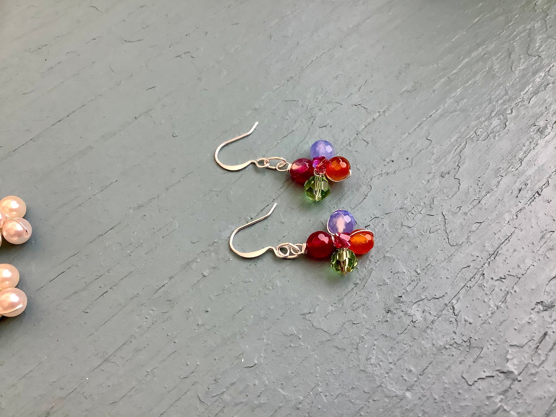 Spring flower earrings , pearls and gemstones