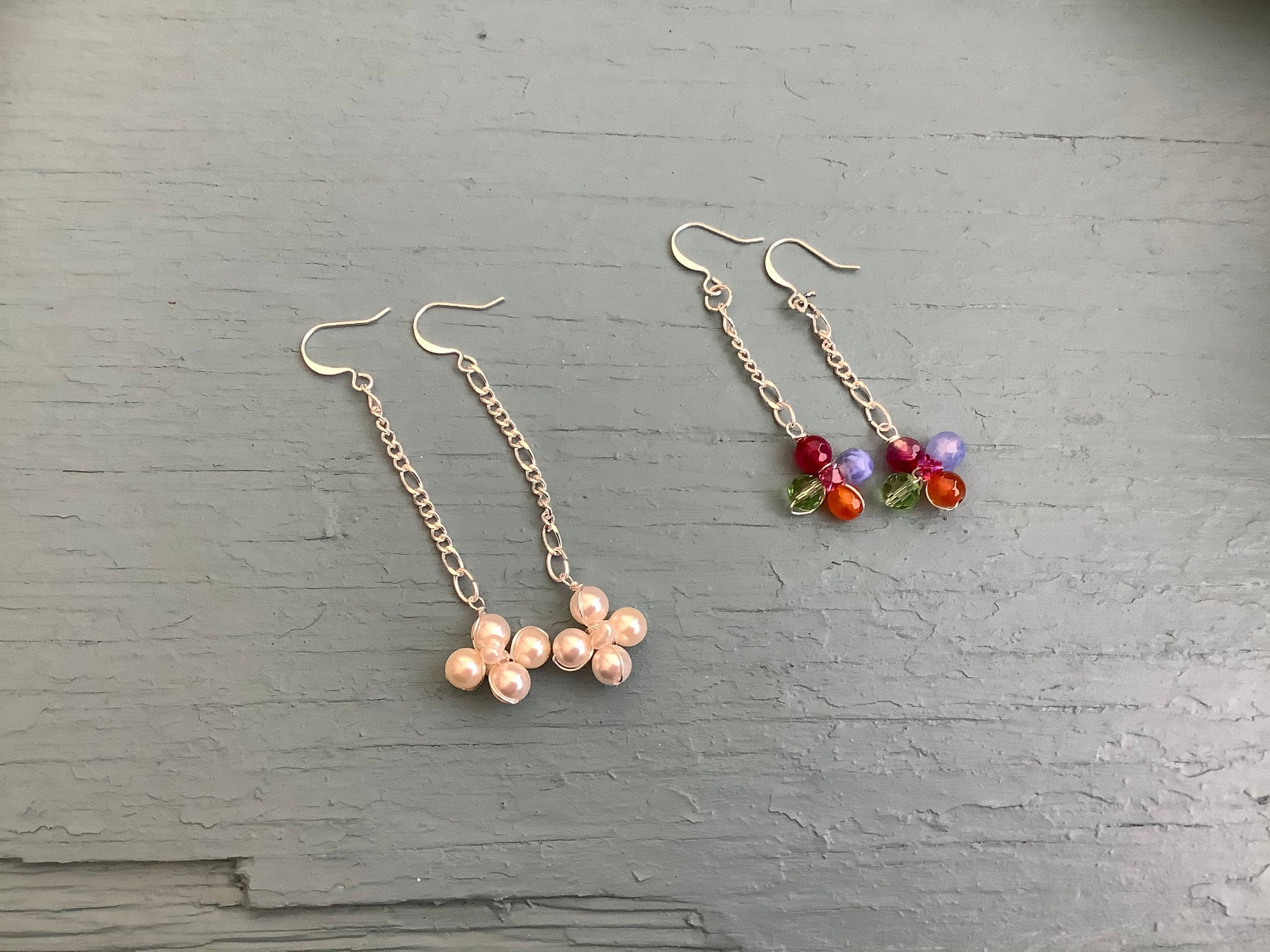 Spring flower earrings , pearls and gemstones