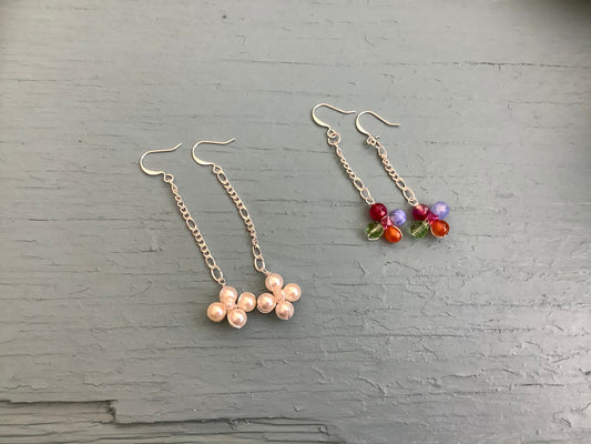 Spring flower earrings , pearls and gemstones