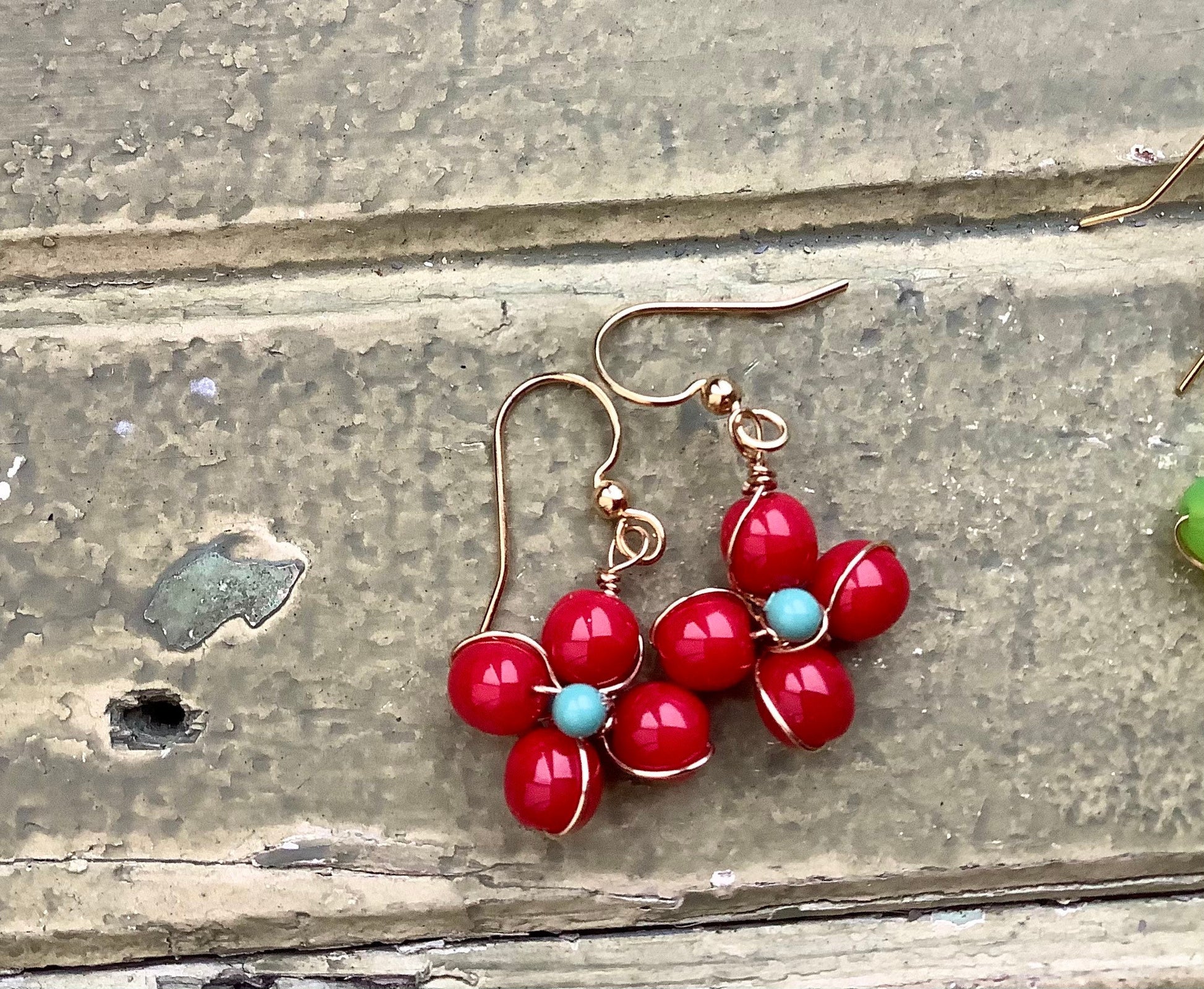 Spring flower earrings , pearls and gemstones