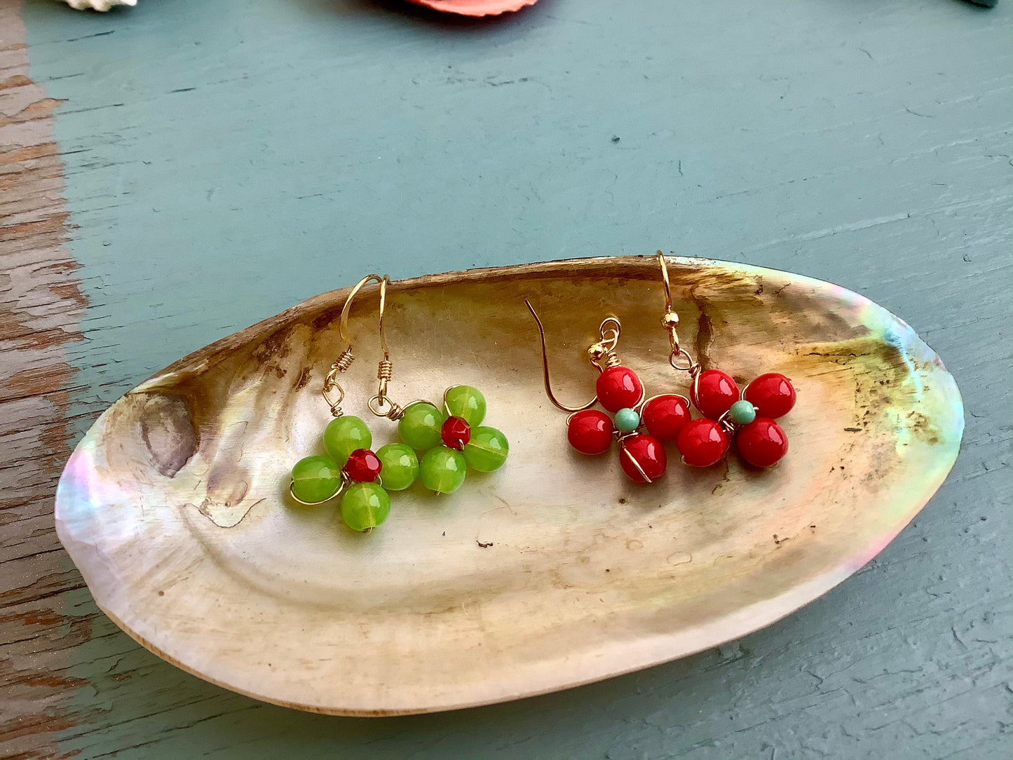 Spring flower earrings , pearls and gemstones