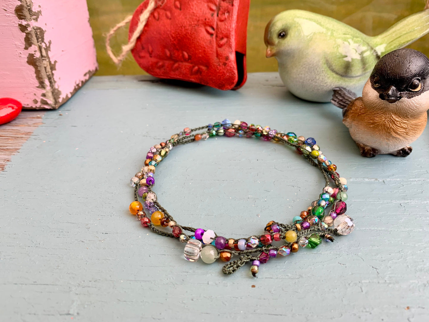 Deep green 4X wrap crocheted bracelet or long necklace with gemstones and crystals