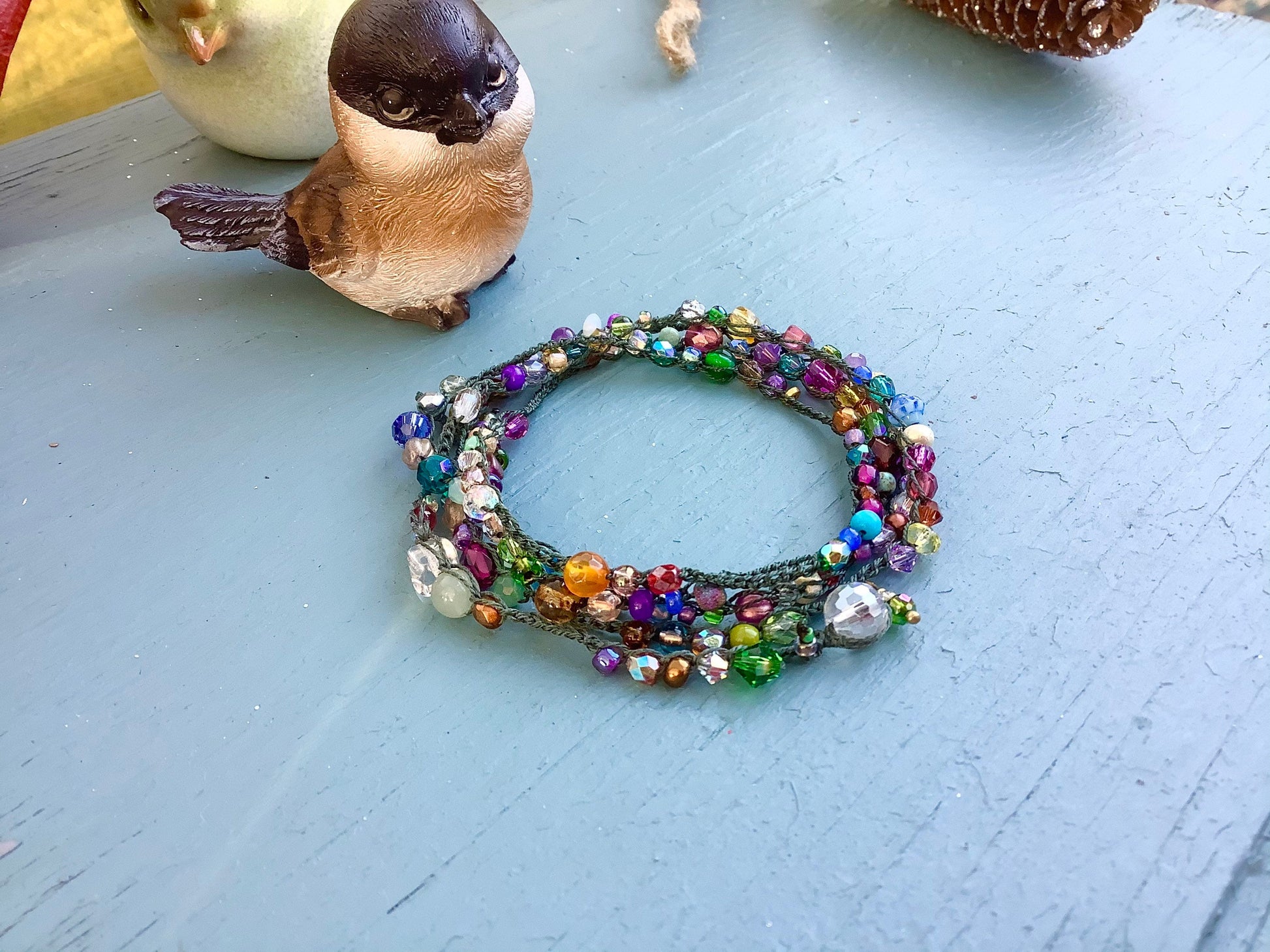 Deep green 4X wrap crocheted bracelet or long necklace with gemstones and crystals