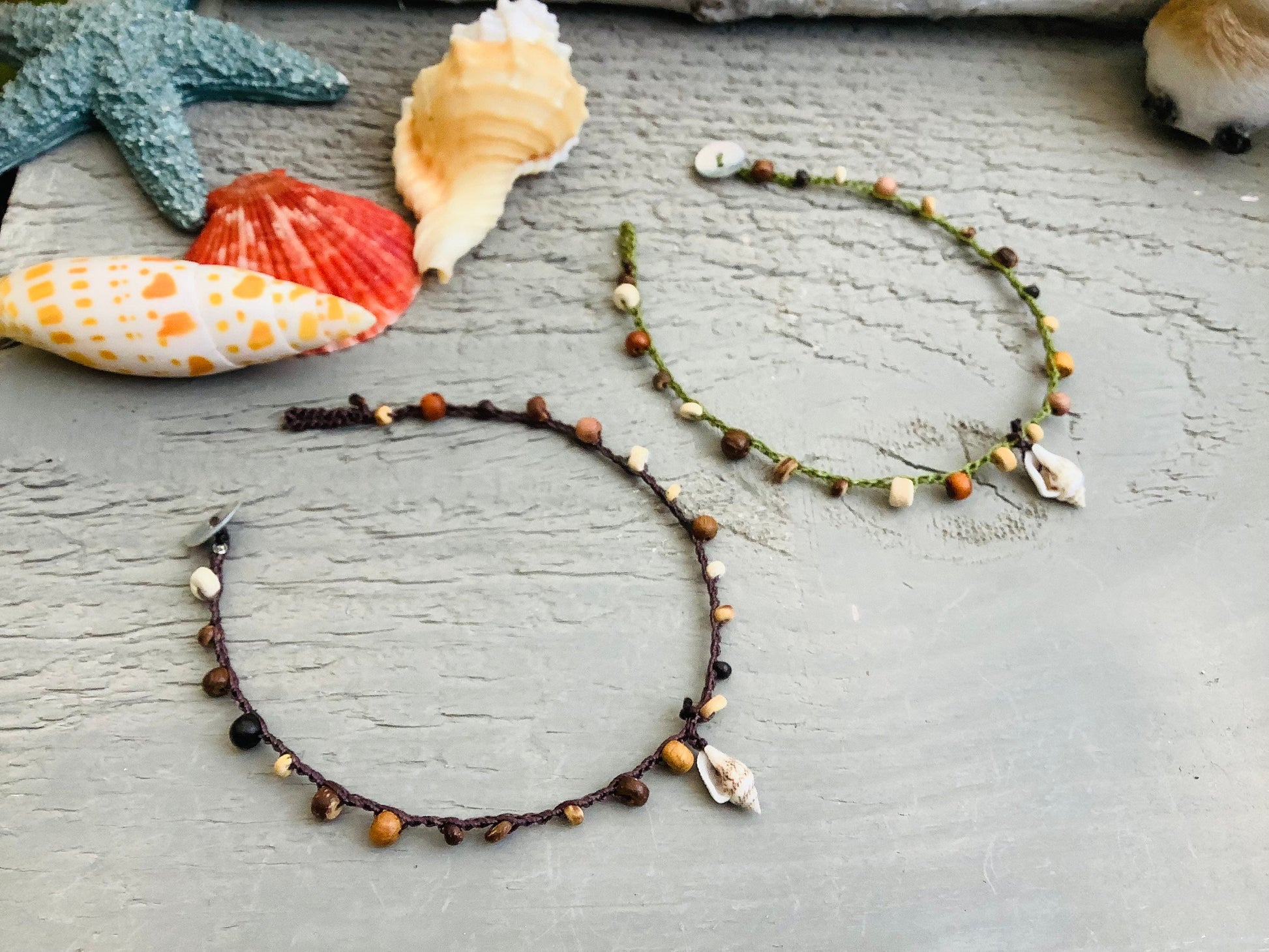 Driftwood wooden earthy hippie anklets with natural shell drop