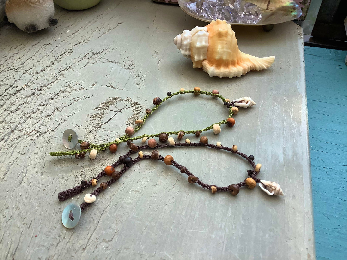 Driftwood wooden earthy hippie anklets with natural shell drop