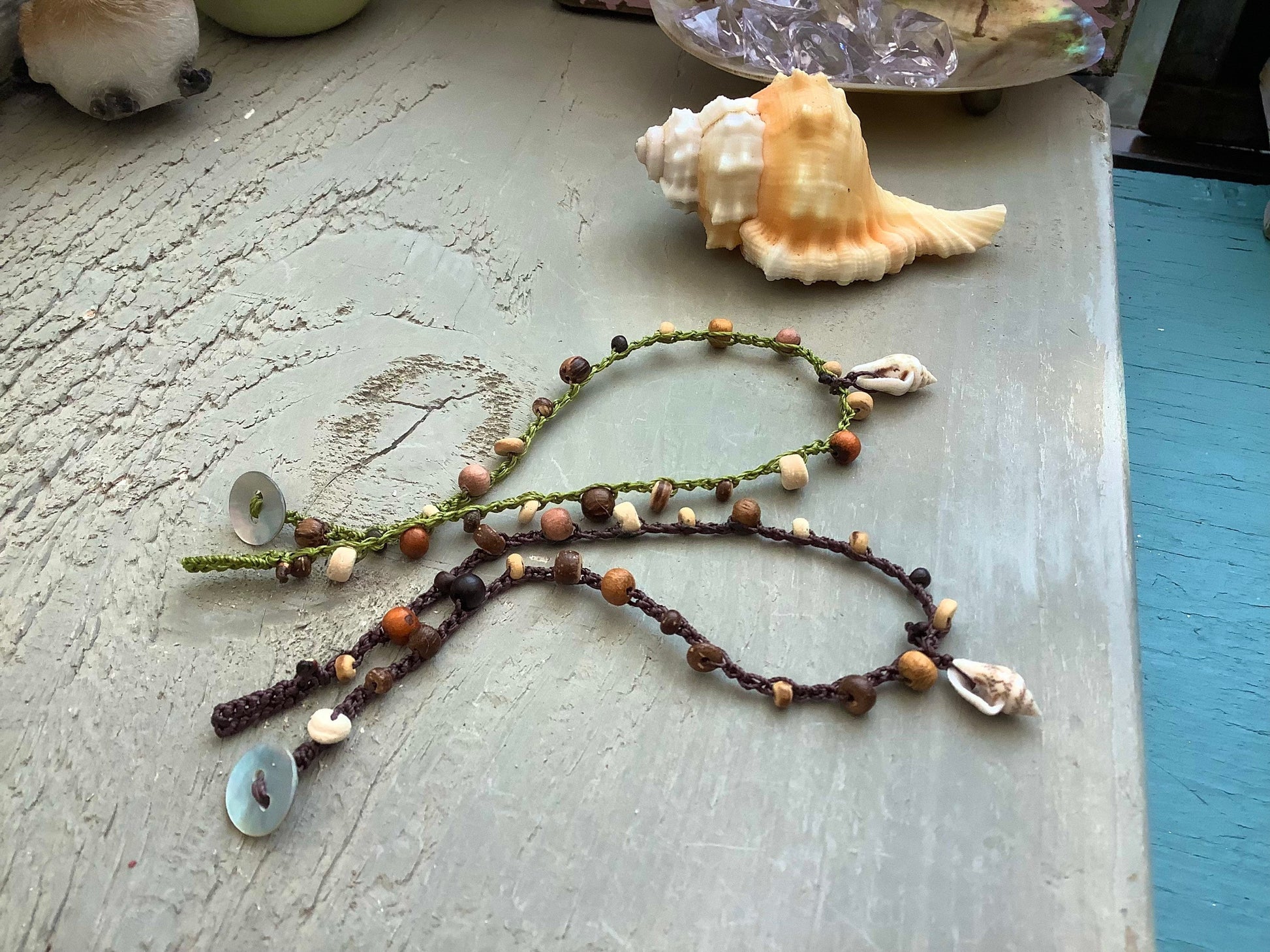 Driftwood wooden earthy hippie anklets with natural shell drop