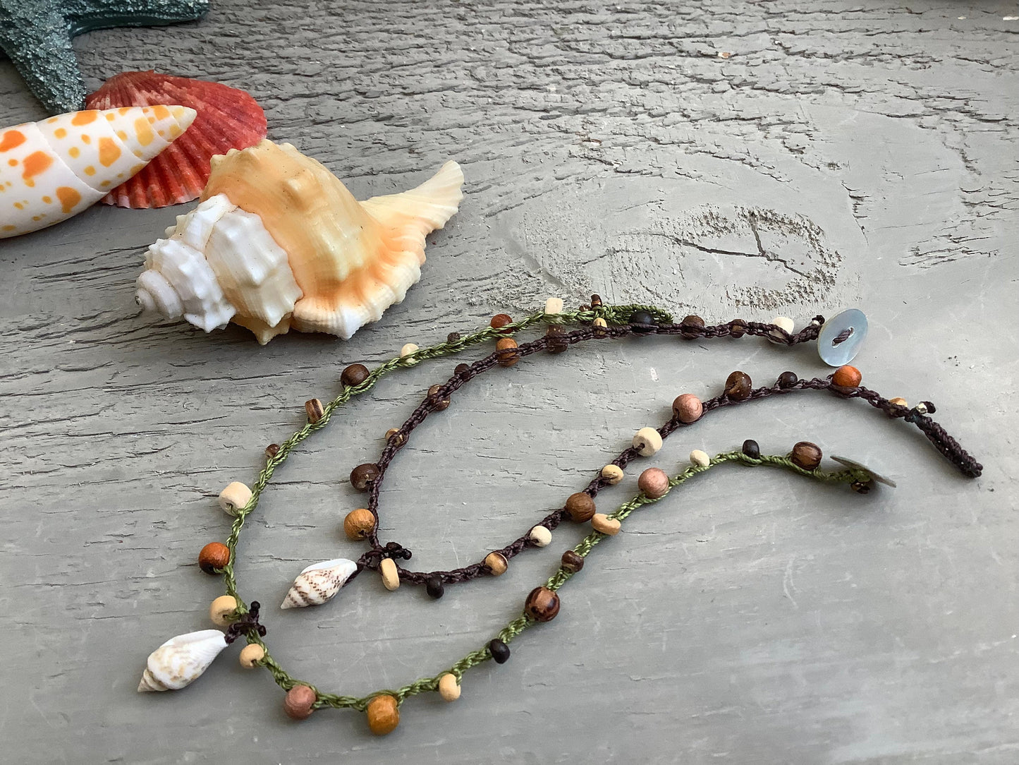 Driftwood wooden earthy hippie anklets with natural shell drop