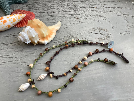 Driftwood wooden earthy hippie anklets with natural shell drop