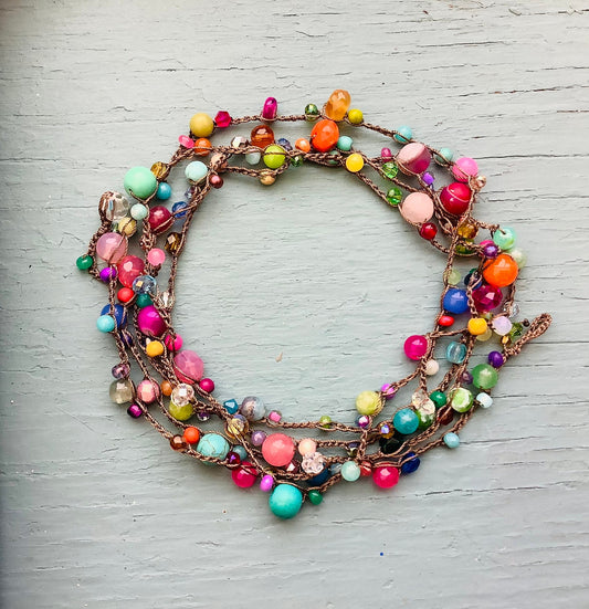 Multi colour gemstone crystal extra long wrap or necklace