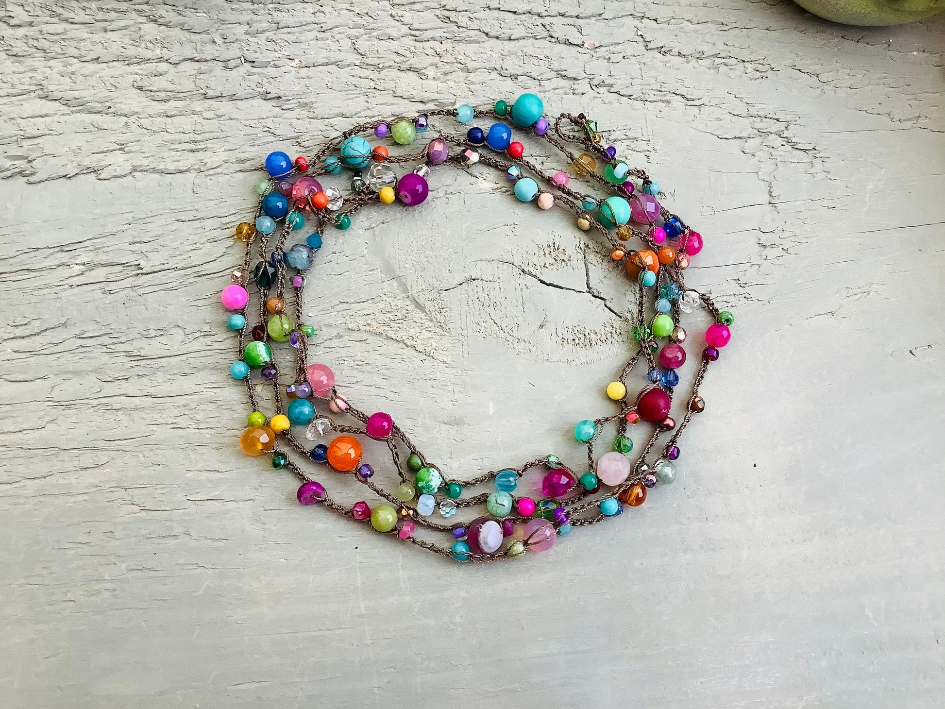 Multi colour gemstone crystal extra long wrap or necklace