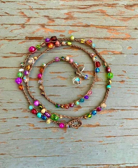 Carmelita Crocheted Crystal Wrap Bracelet: or Boho Beaded Necklace