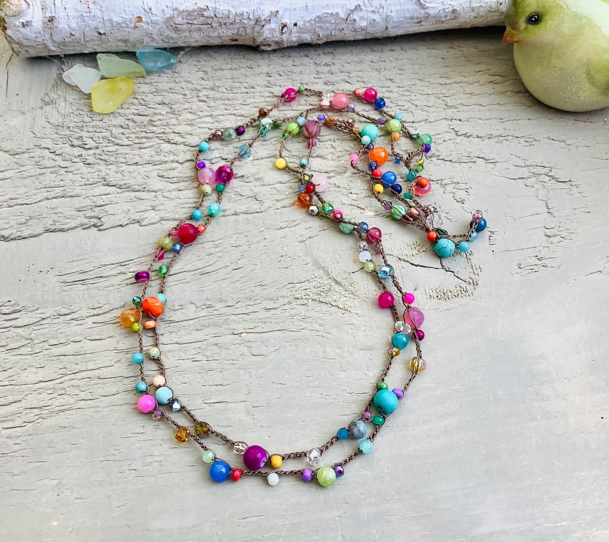 Multi colour gemstone crystal extra long wrap or necklace
