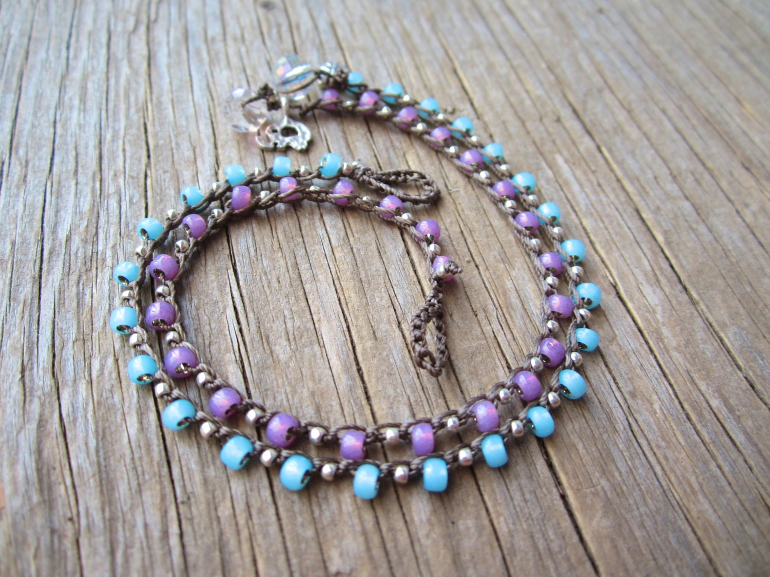 Opal seed bead crocheted anklet, natural , summery, earthy, casual, boho on the beach