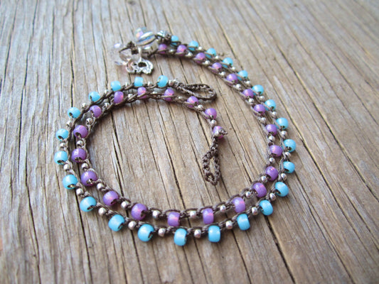 Opal seed bead crocheted anklet, natural , summery, earthy, casual, boho on the beach