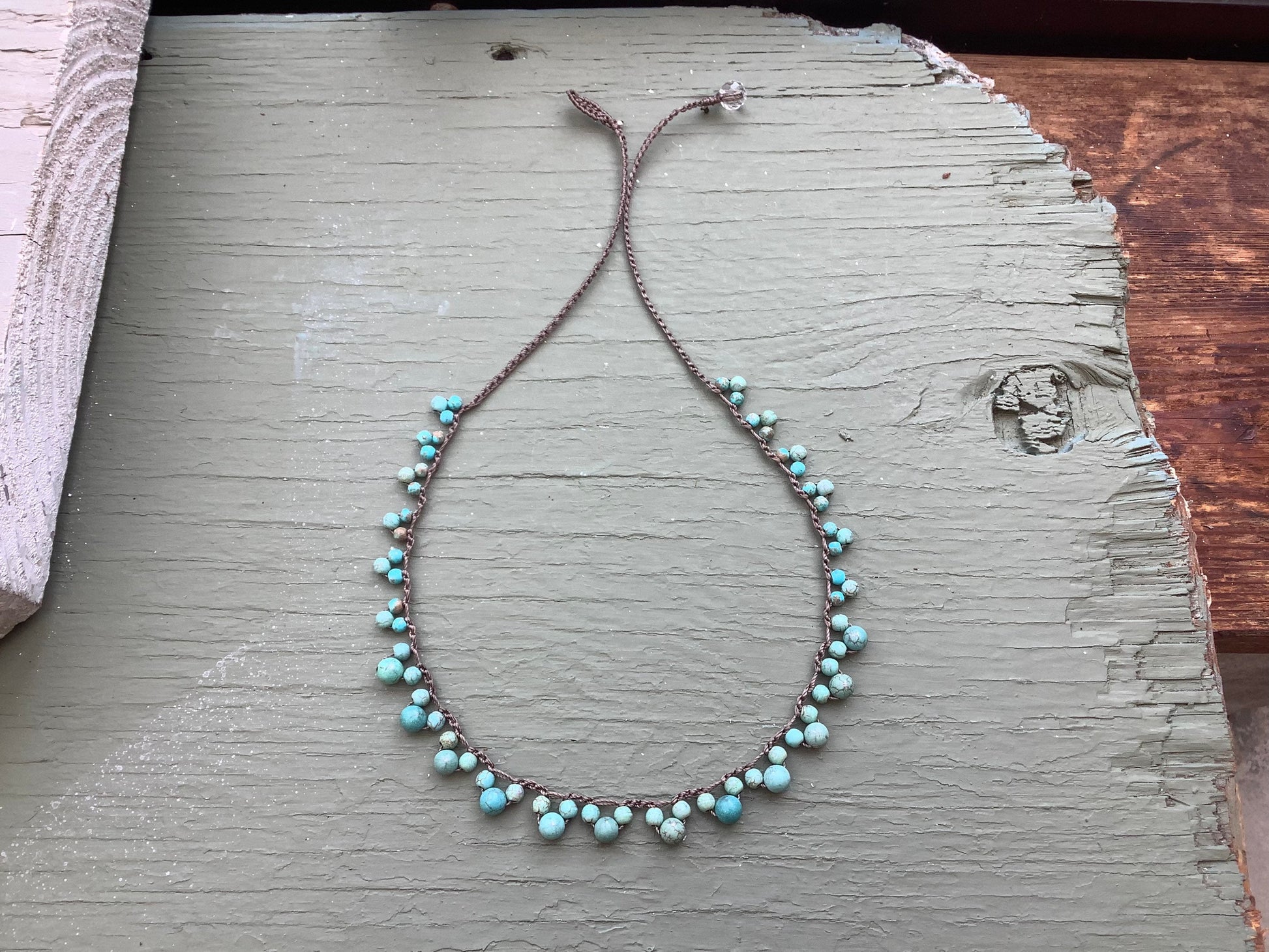 Turquoise Crocheted lace necklace, boho earthy metal free