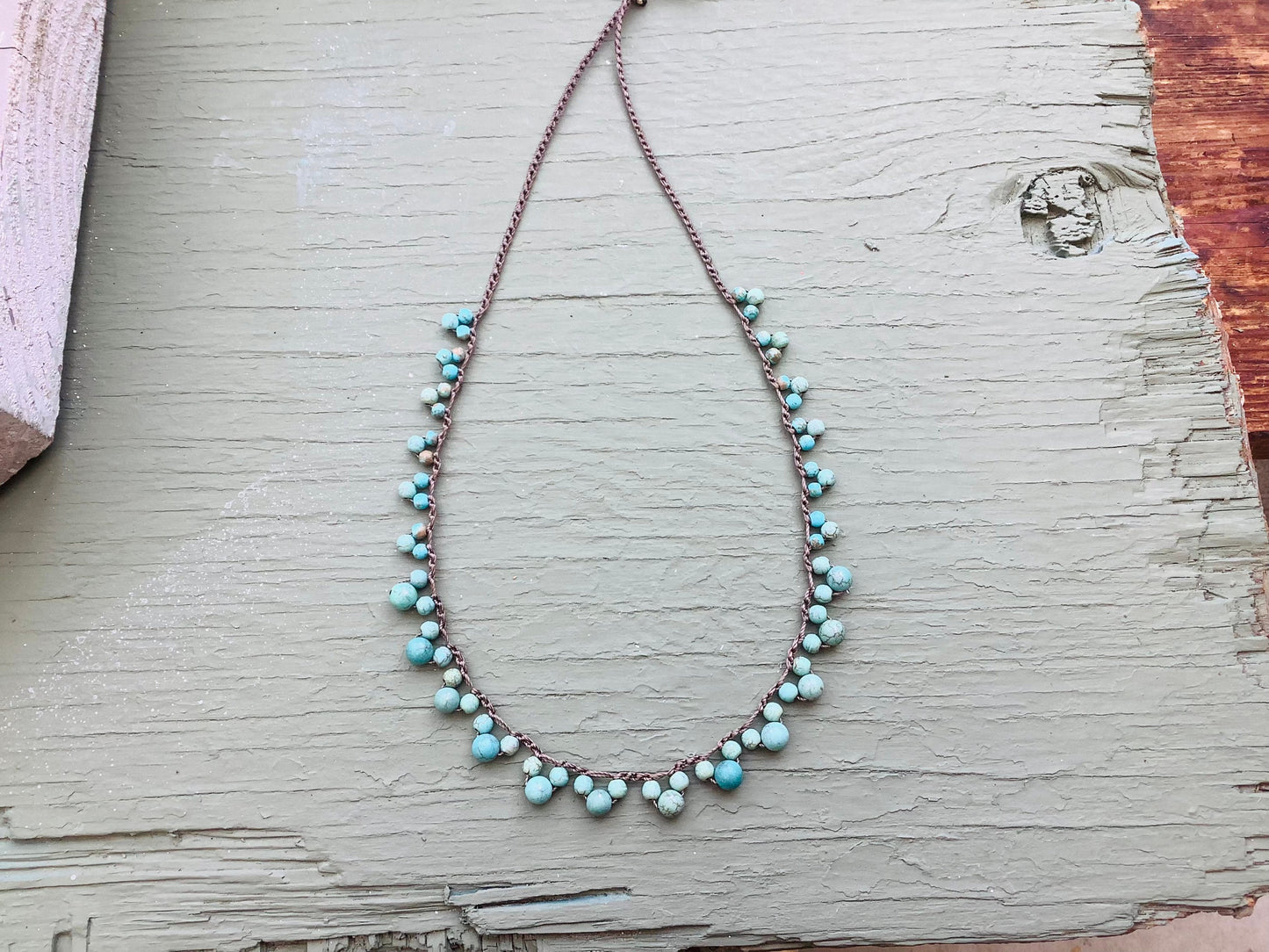 Turquoise Crocheted lace necklace, boho earthy metal free