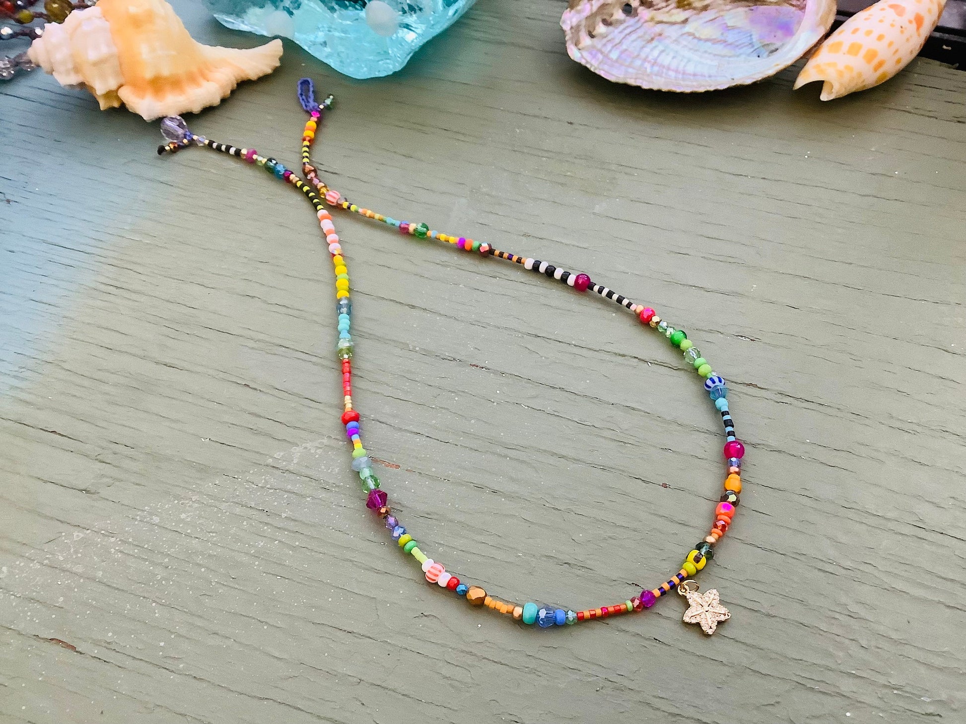 Summer vibes beaded striped necklace with starfish