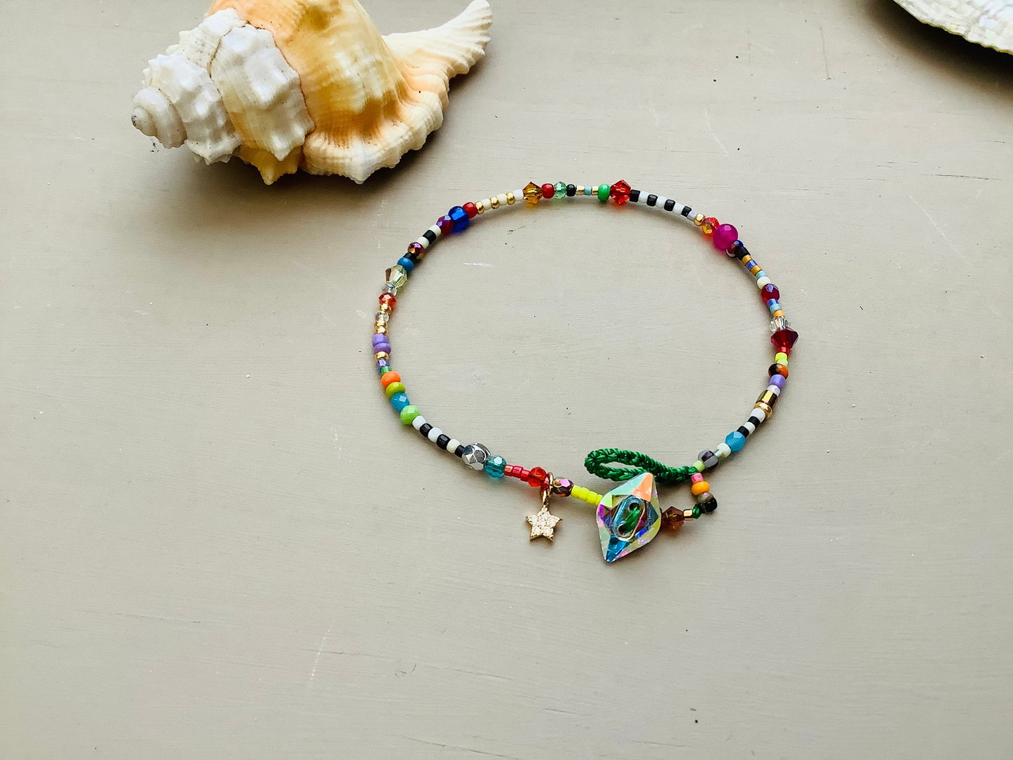 Delicate tiny bead colorful bracelet with Swarovski button