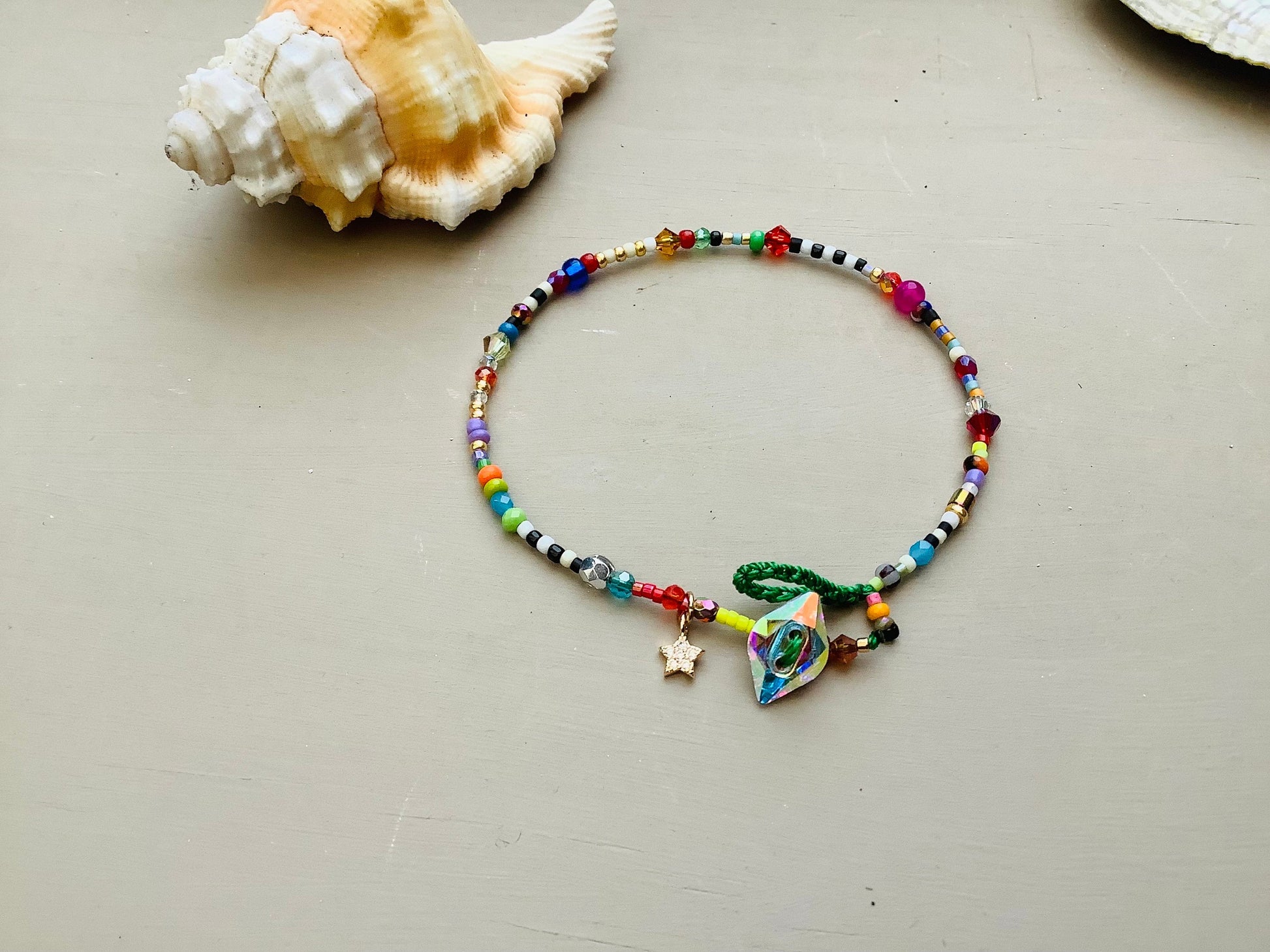 Delicate tiny bead colorful bracelet with Swarovski button