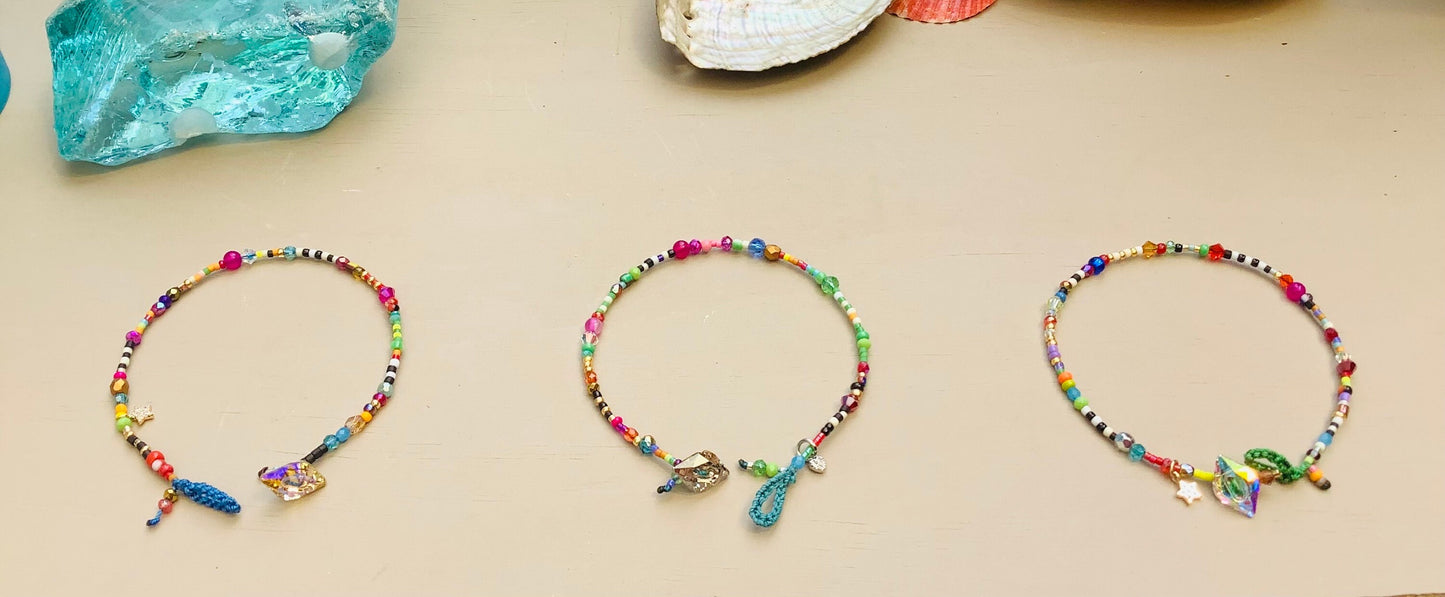 Delicate tiny bead colorful bracelet with Swarovski button