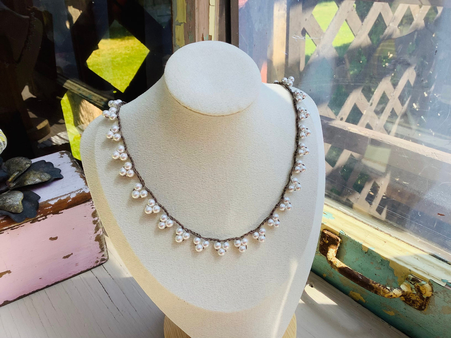 Crocheted Mother of Pearl Necklace: Lacy Crystal Design