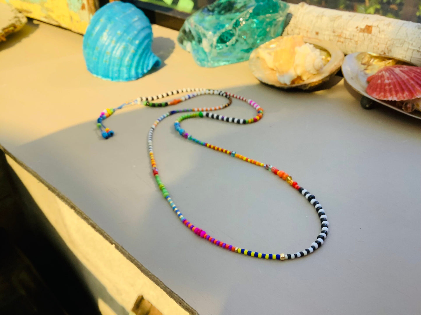 Colorful Toho Delica Beaded Necklace with Gold Leaf Charm