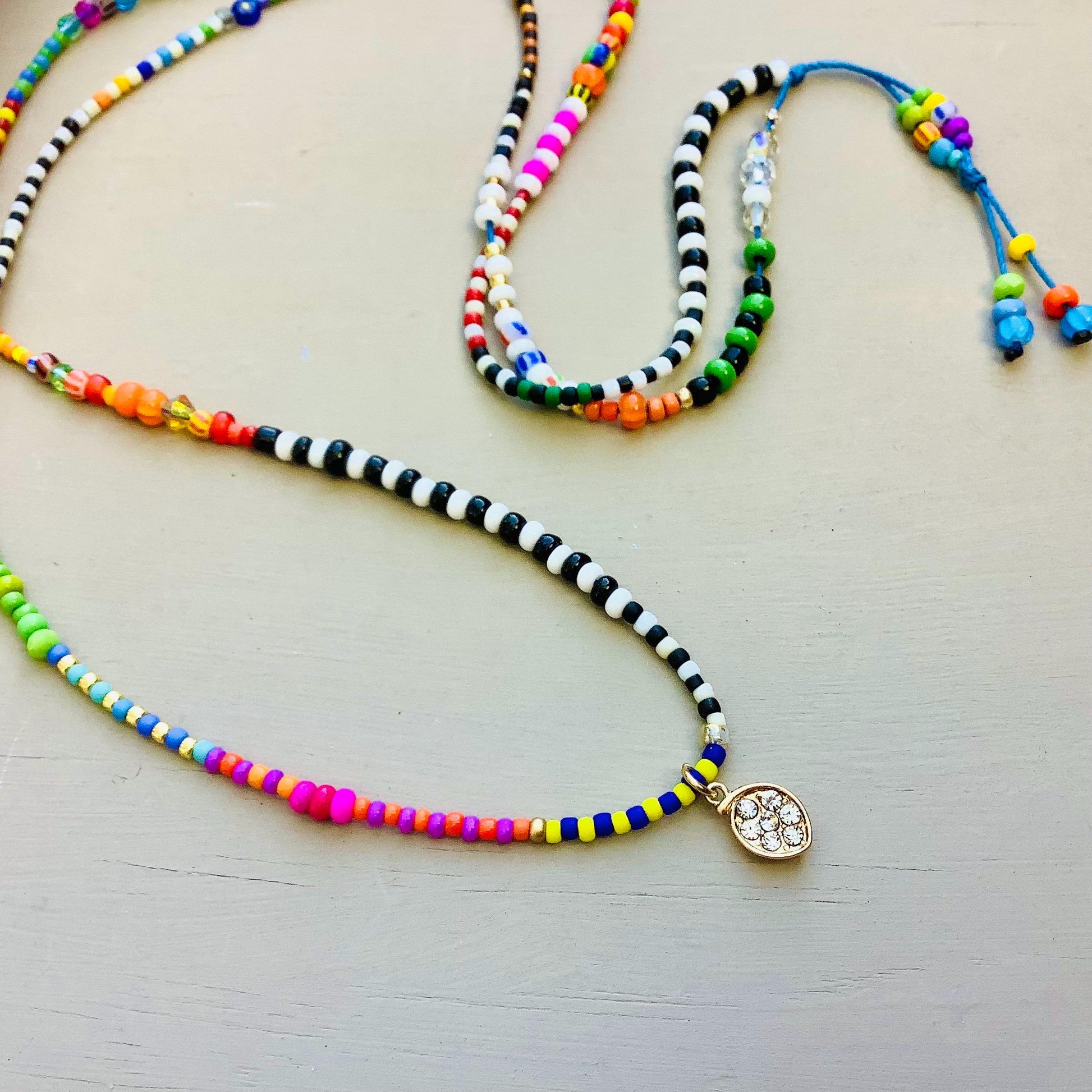 Colorful Toho Delica Beaded Necklace with Gold Leaf Charm