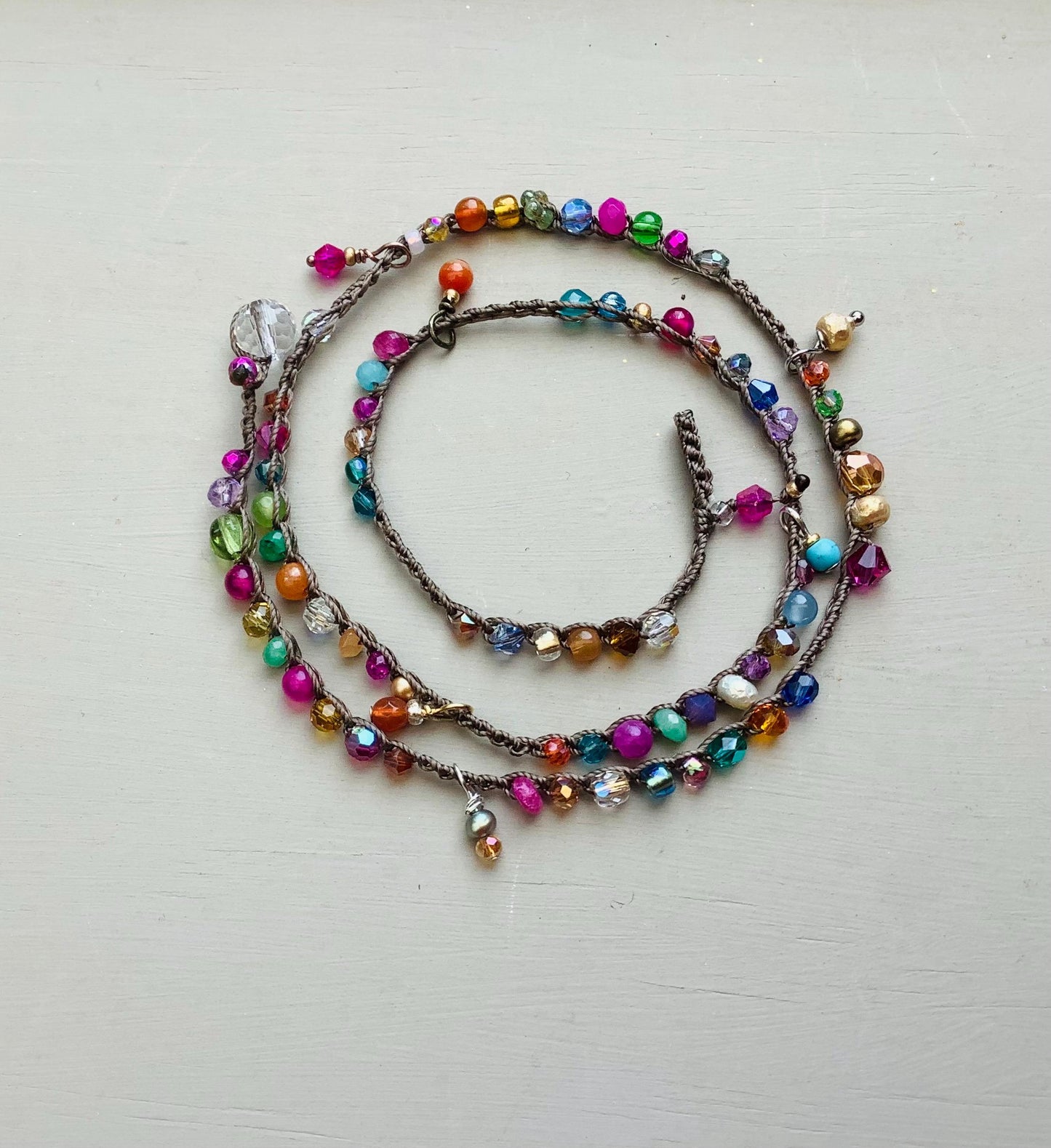 Gypsy anklet, with gem and crystal drops, natural relaxed wear, beach wear