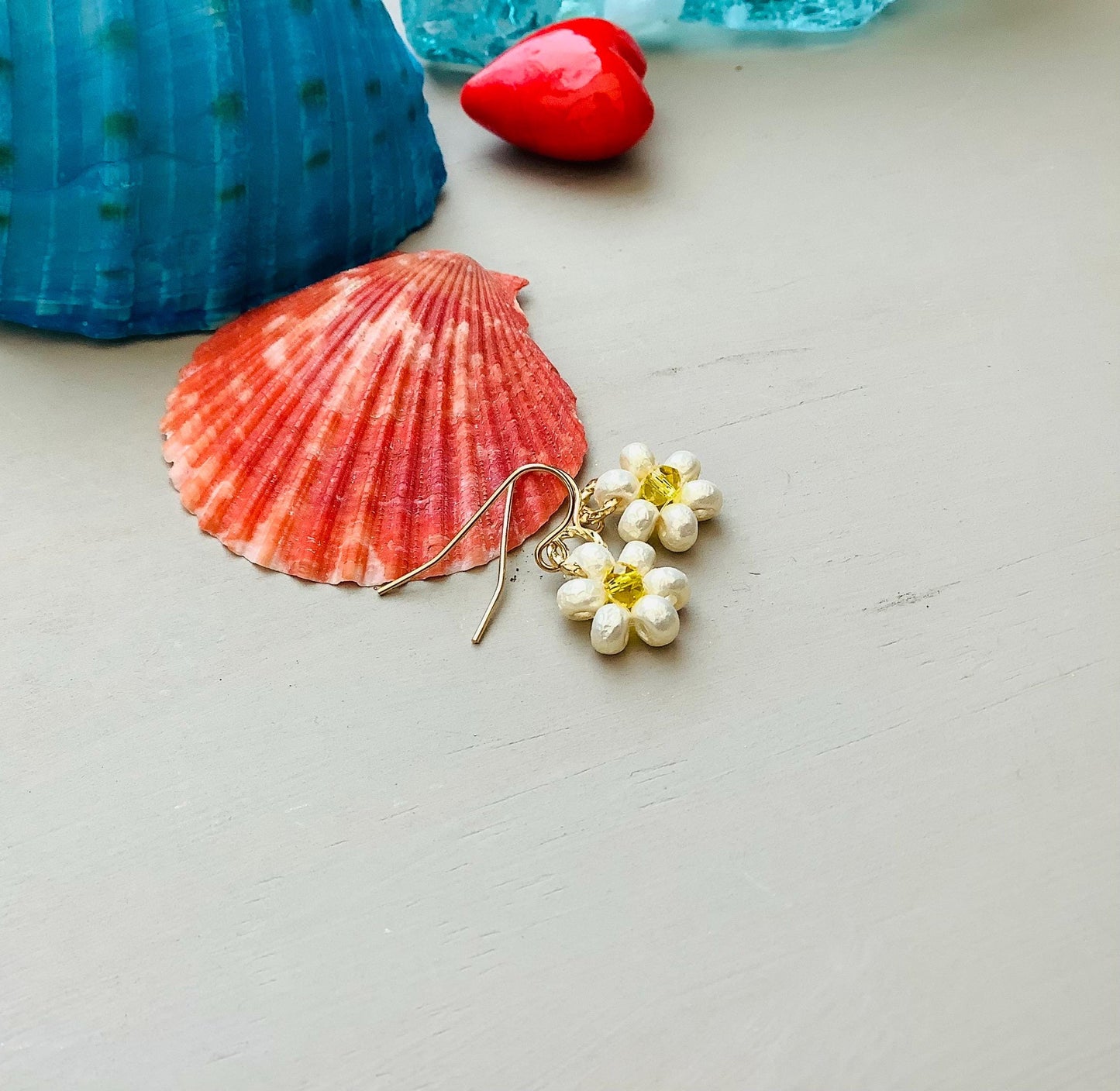 Miyuki Pearl Daisy Earrings: Swarovski Crystal Center