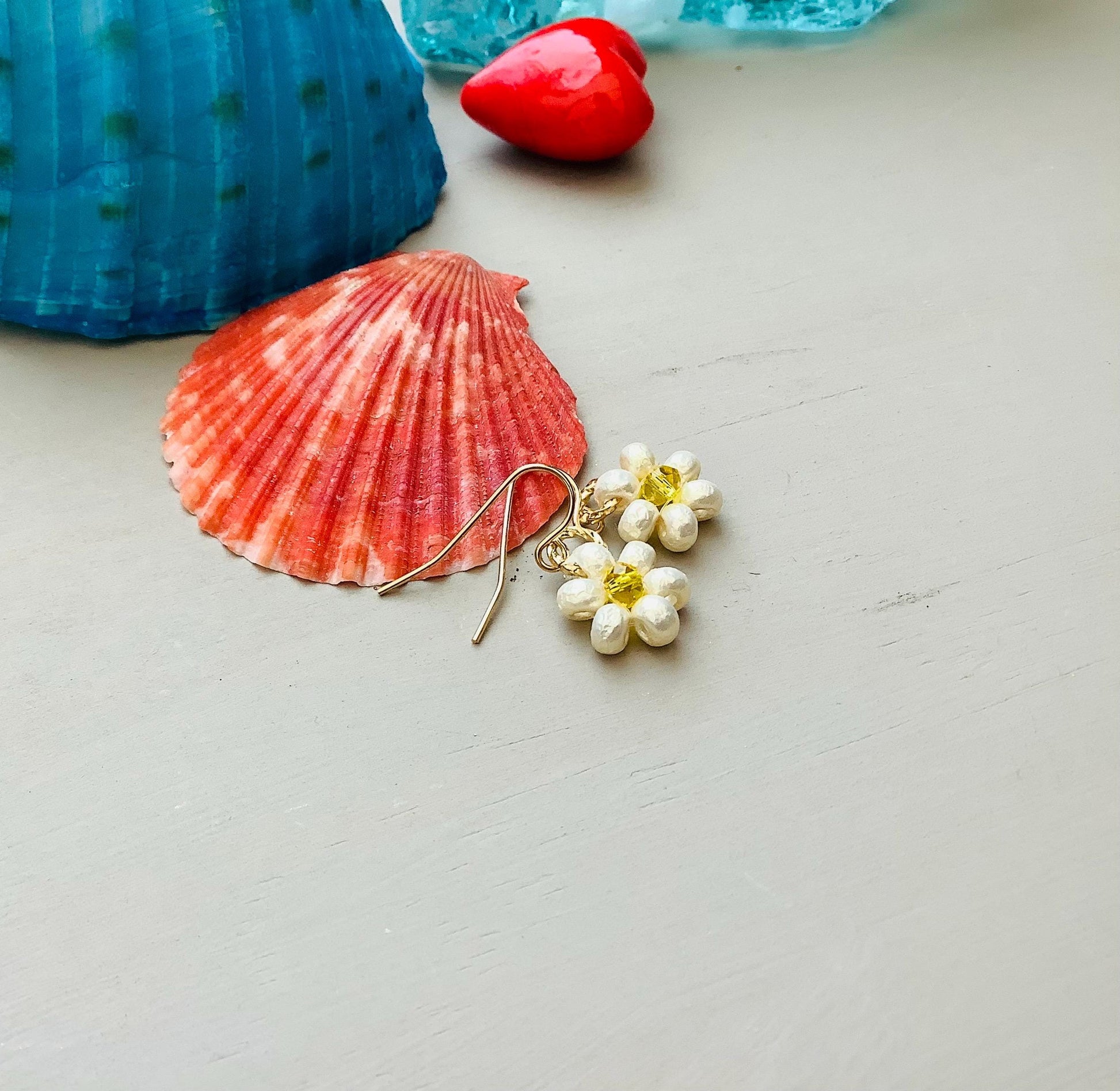 Miyuki Pearl Daisy Earrings: Swarovski Crystal Center