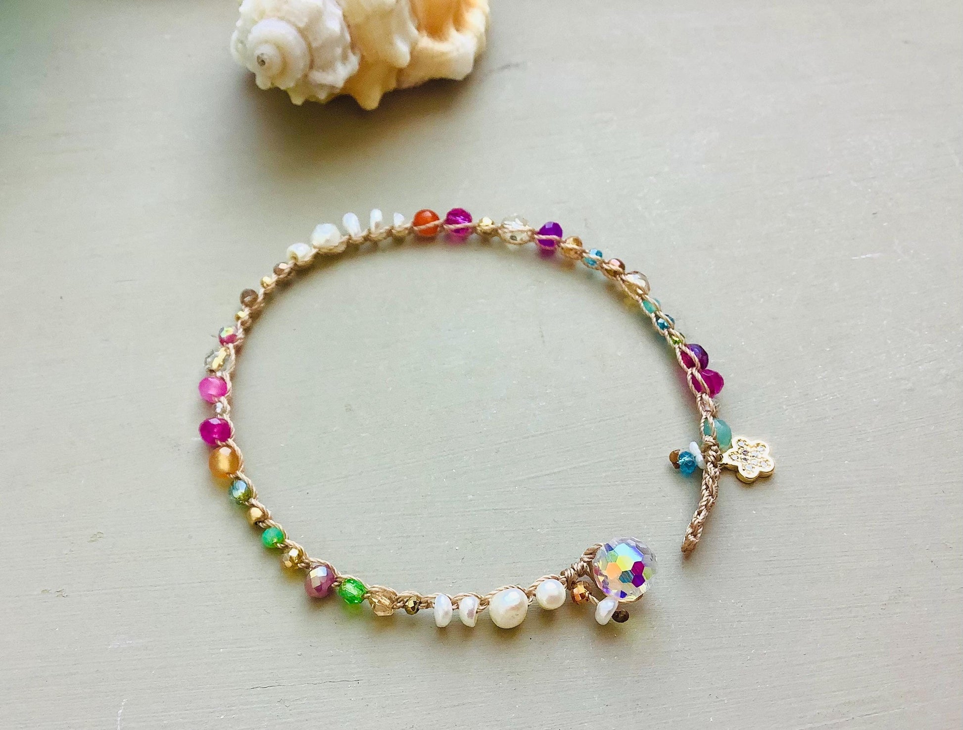 Gemstone pearl pastel crocheted bracelet