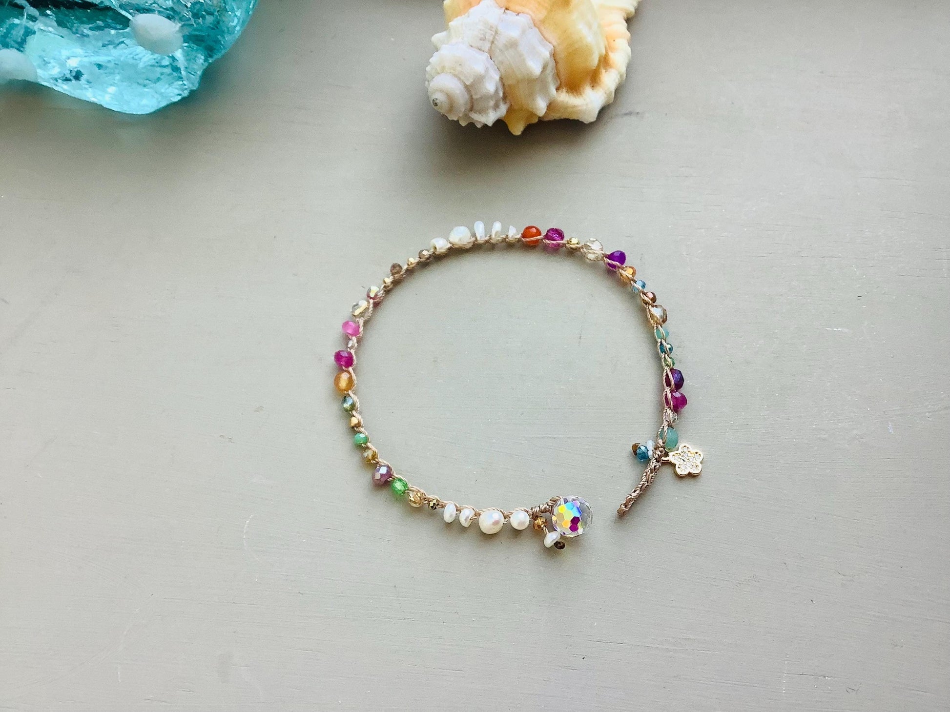 Gemstone pearl pastel crocheted bracelet