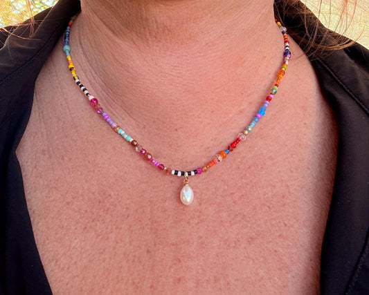 Colorful sweet petites necklaces, made with tiny specialty beads , fun, friendship,pearl