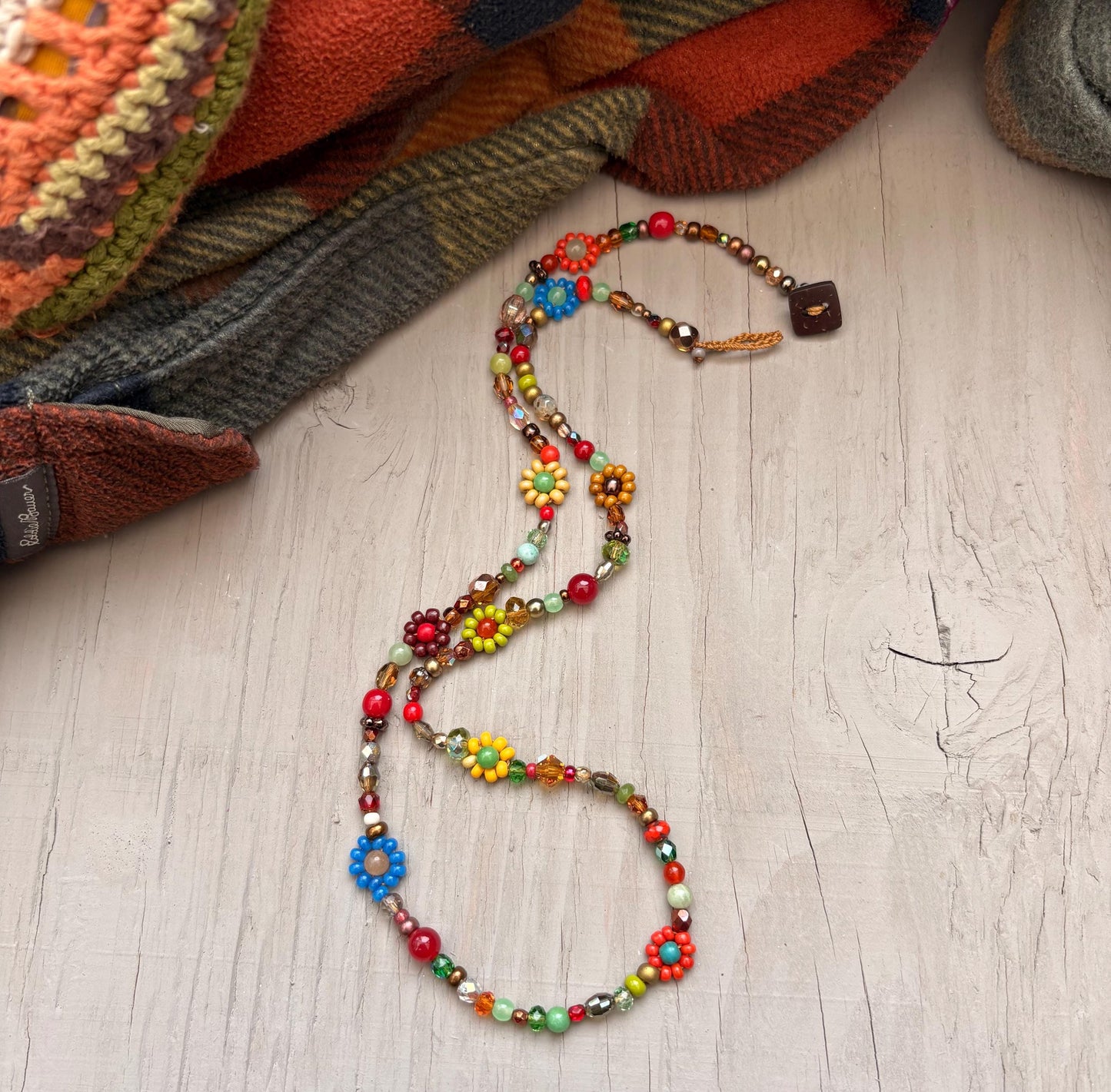 Gemstone Daisy Necklace: Crochet Flower, Seed Bead Boho Jewelry