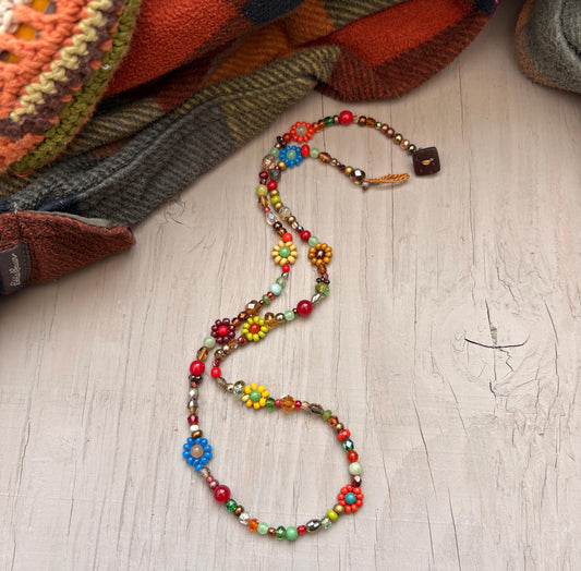 Gemstone Daisy Necklace: Crochet Flower, Seed Bead Boho Jewelry