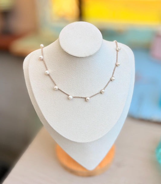 Freshwater pearl crocheted necklace, simple elegant natural