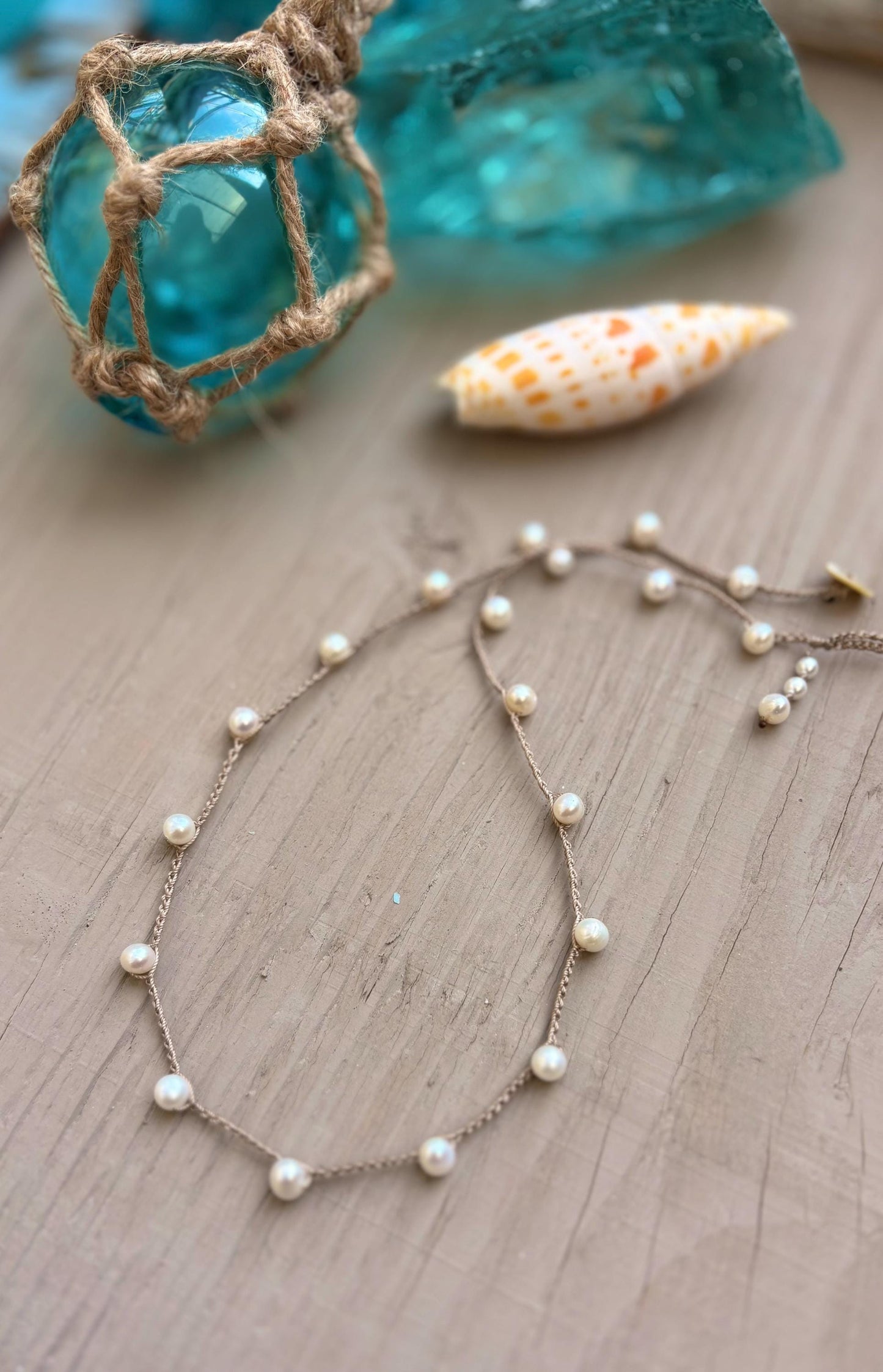 Freshwater pearl crocheted necklace, simple elegant natural