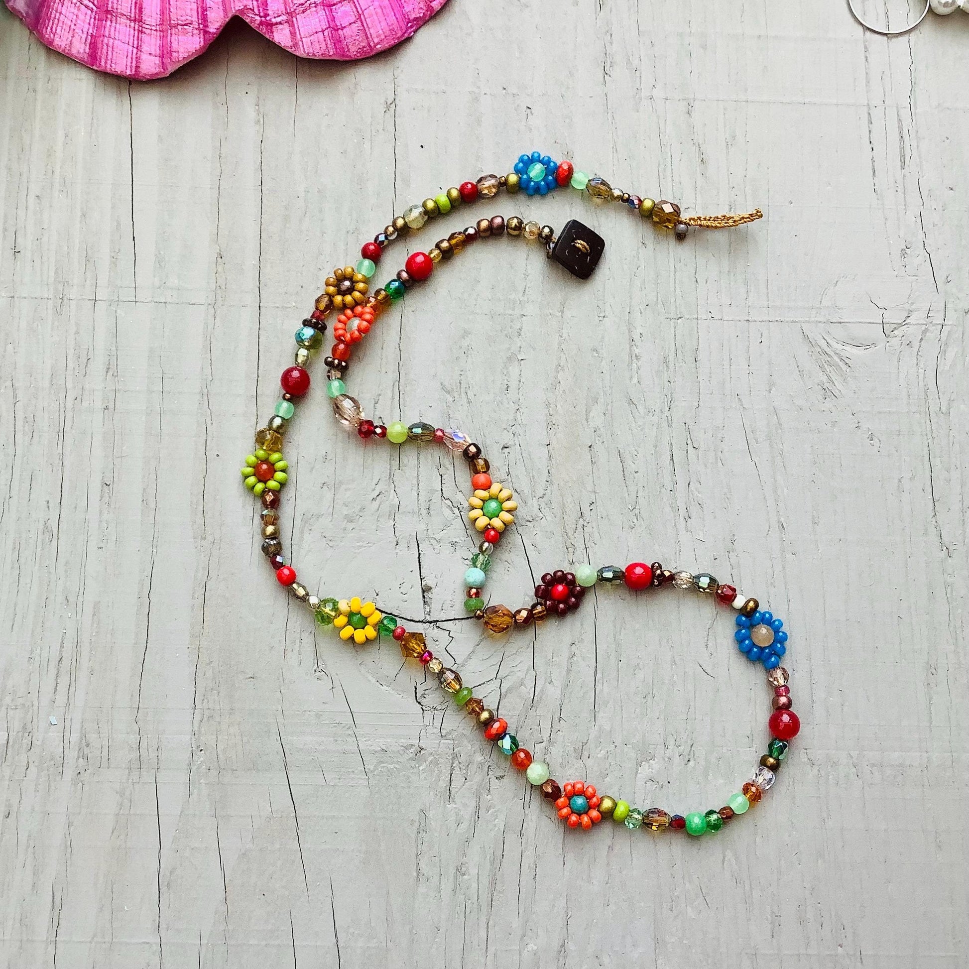 Gemstone Daisy Necklace: Crochet Flower, Seed Bead Boho Jewelry