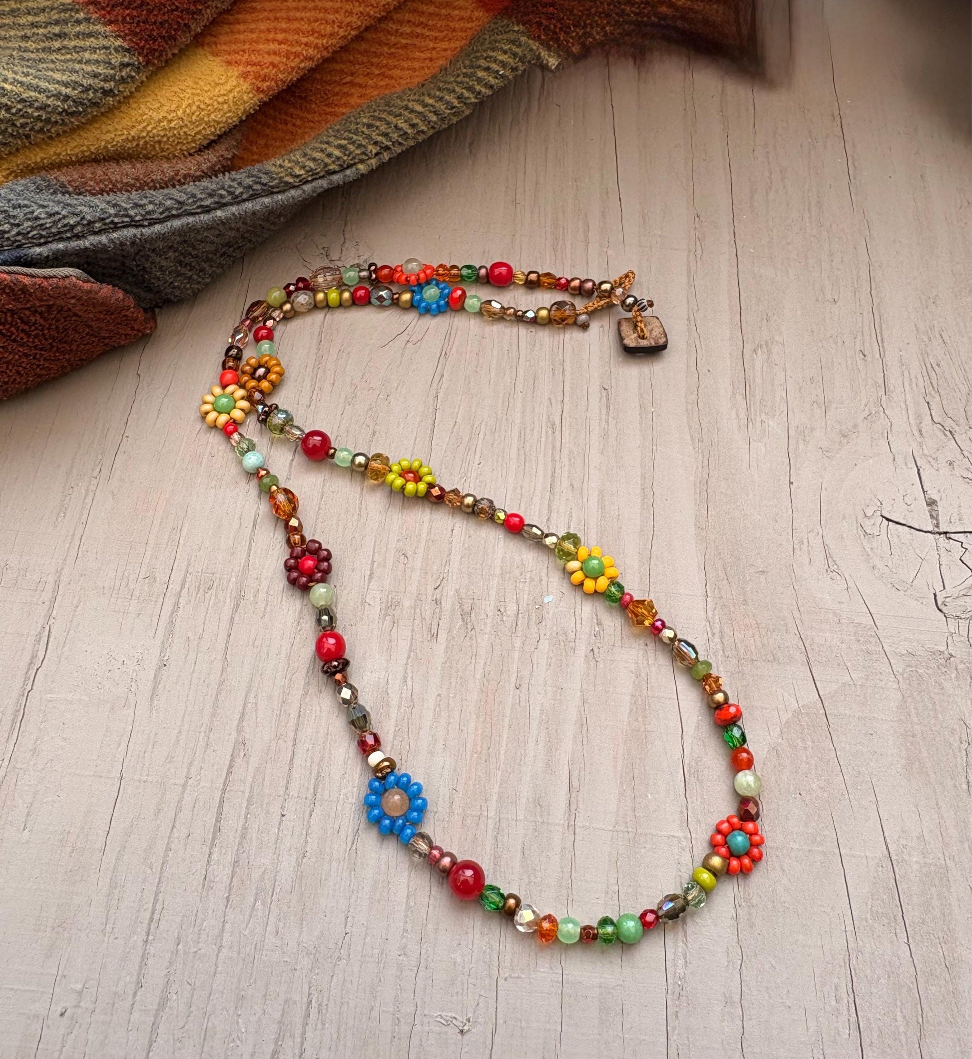 Gemstone Daisy Necklace: Crochet Flower, Seed Bead Boho Jewelry