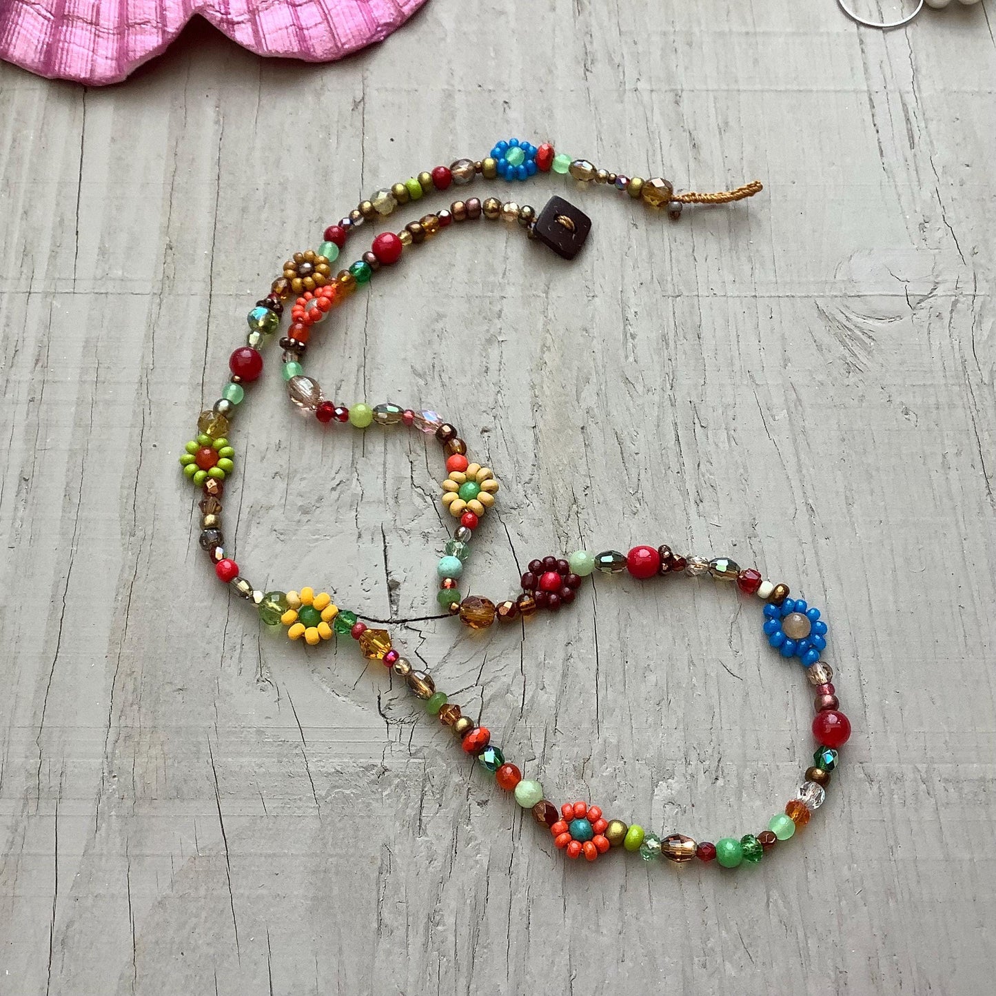 Gemstone Daisy Necklace: Crochet Flower, Seed Bead Boho Jewelry