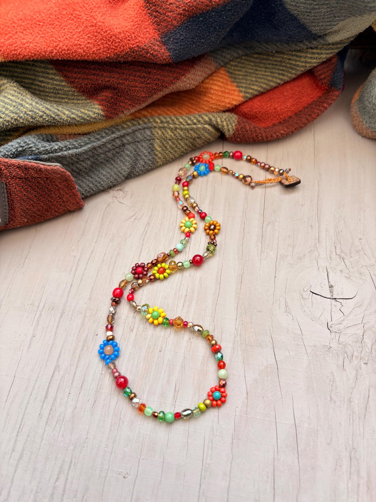 Gemstone Daisy Necklace: Crochet Flower, Seed Bead Boho Jewelry