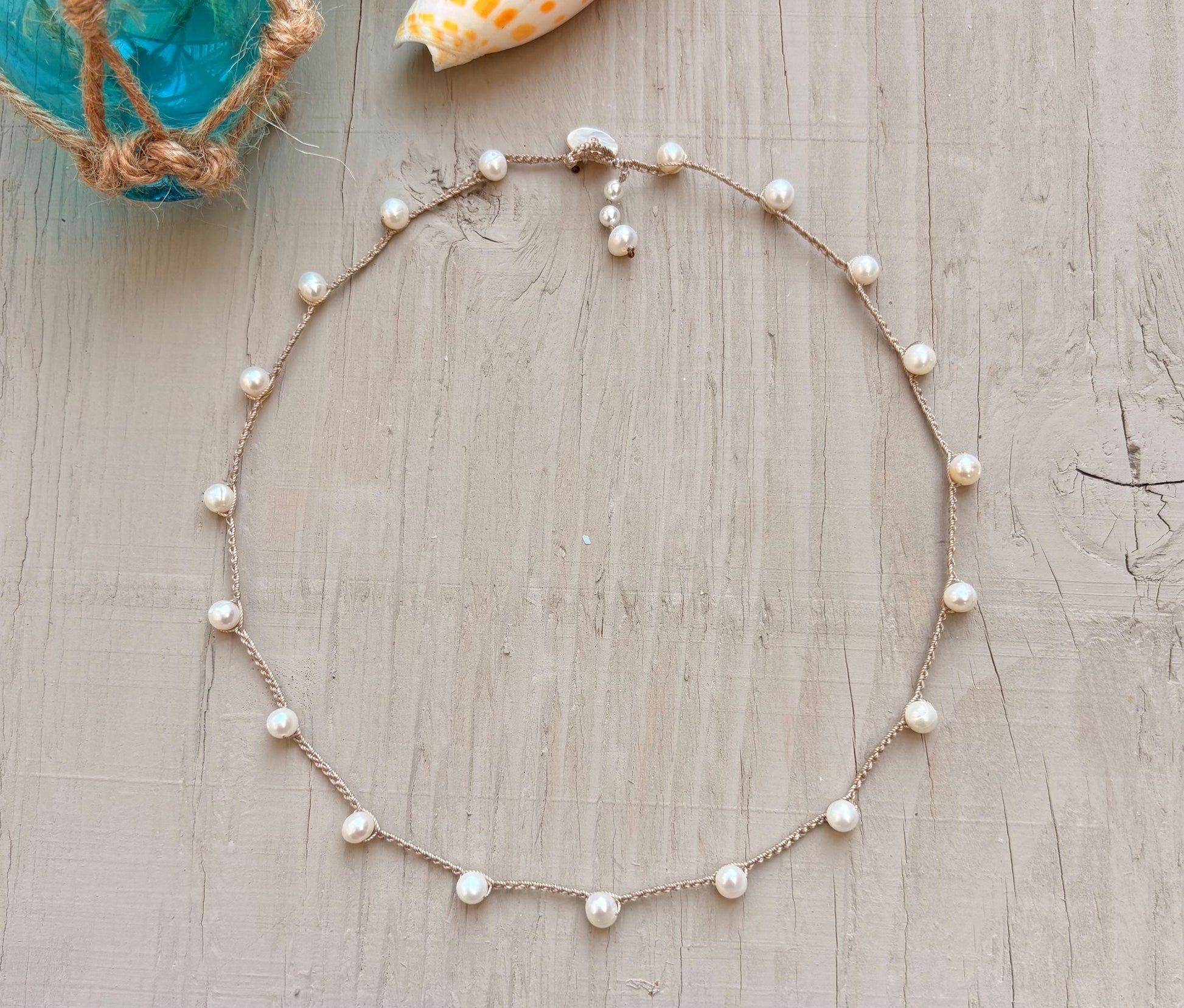 Freshwater pearl crocheted necklace, simple elegant natural