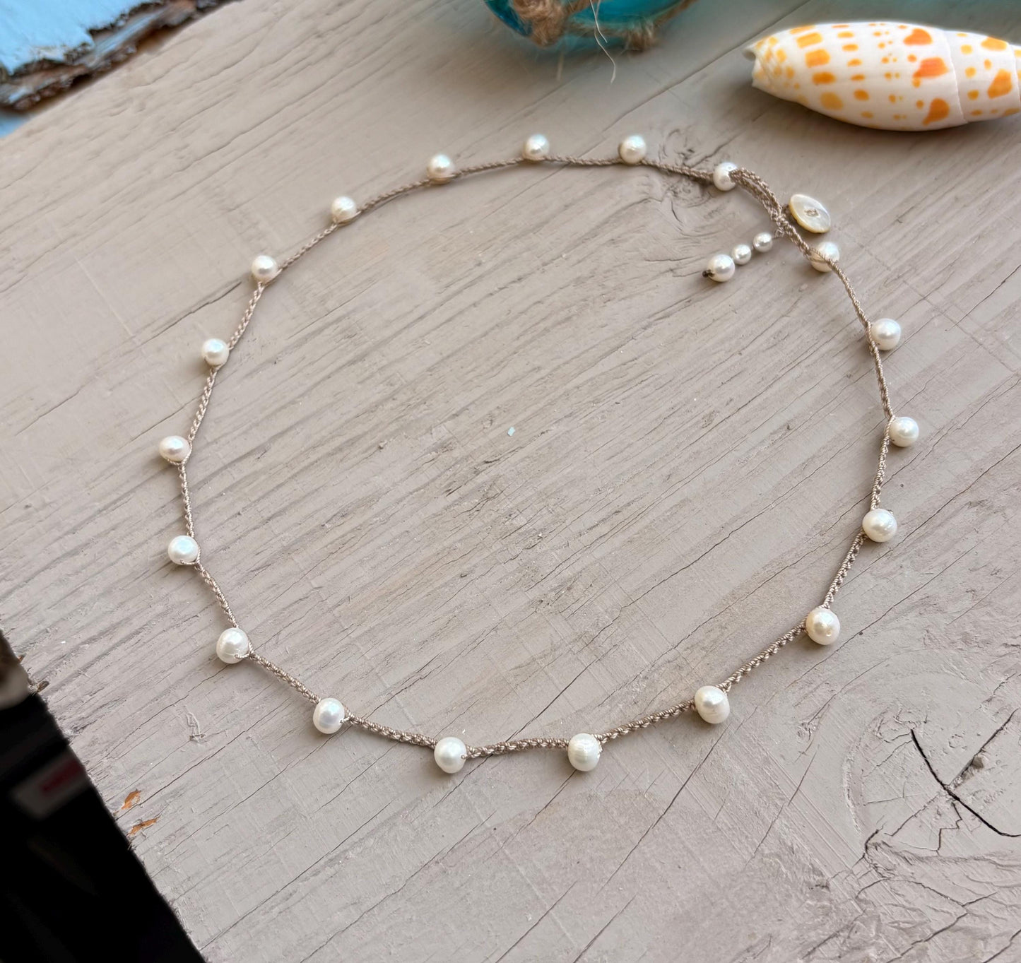 Freshwater pearl crocheted necklace, simple elegant natural