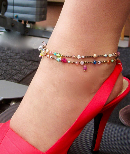Gypsy anklet, with gem and crystal drops, natural relaxed wear, beach wear