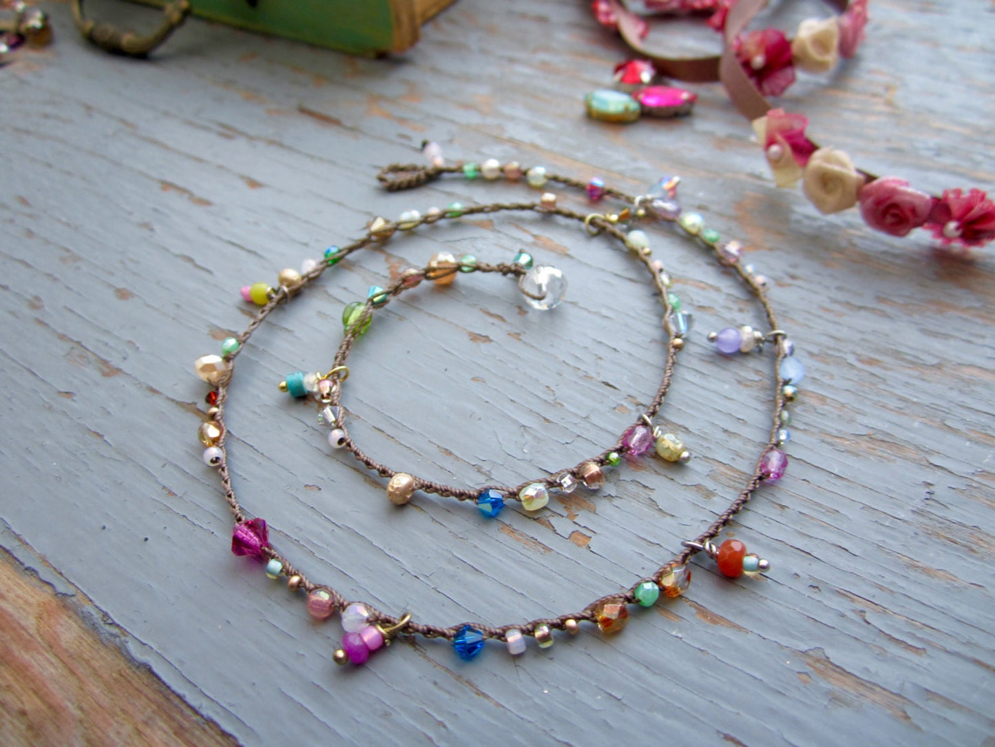 Gypsy anklet, with gem and crystal drops, natural relaxed wear, beach wear