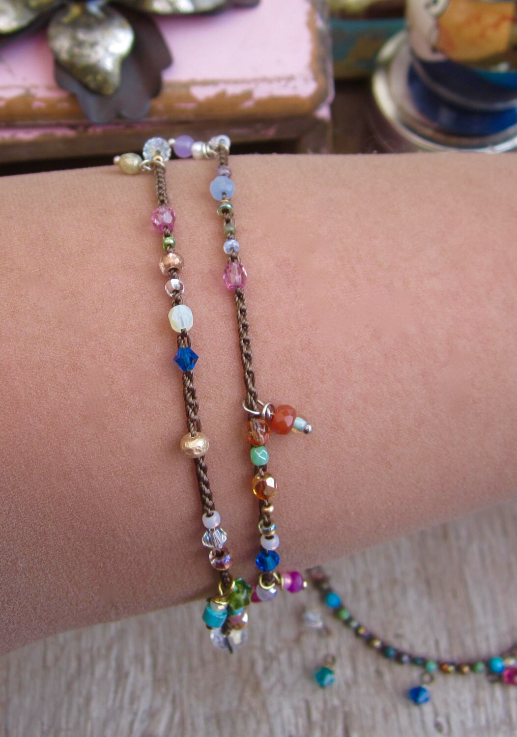 Gypsy anklet, with gem and crystal drops, natural relaxed wear, beach wear